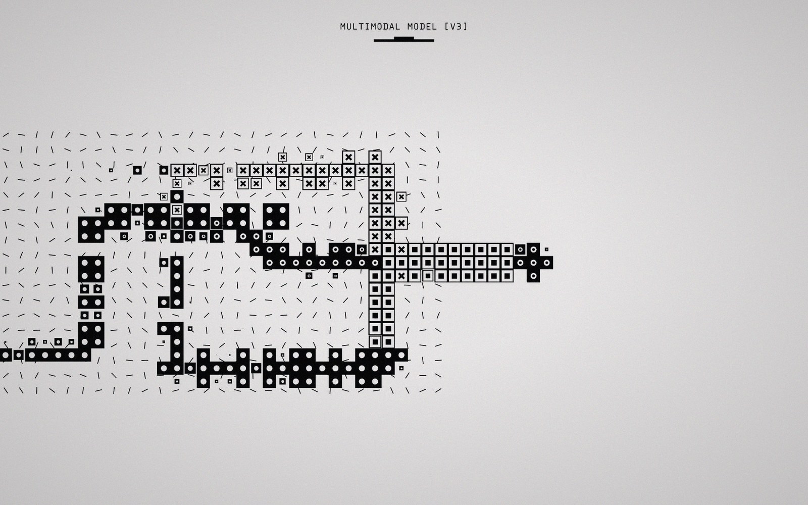 Abstract grid pattern of dots, crosses and dashes forming a pixelated diagram labeled multimodal model V3